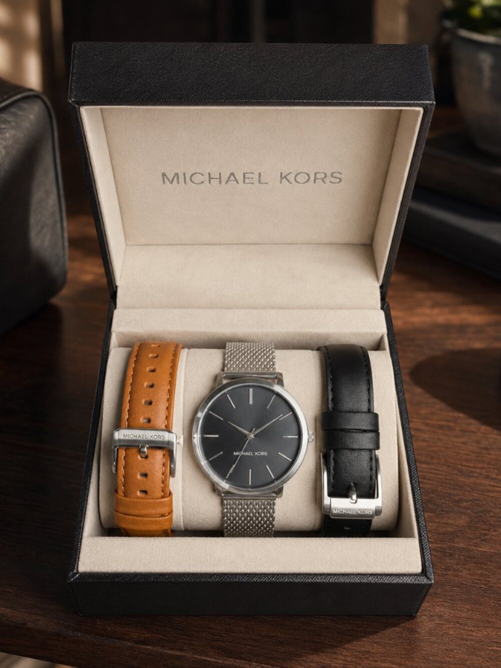 Michael Kors Men’s Watch Gift Set Silver Mesh Black Brown Leather Straps NWT
